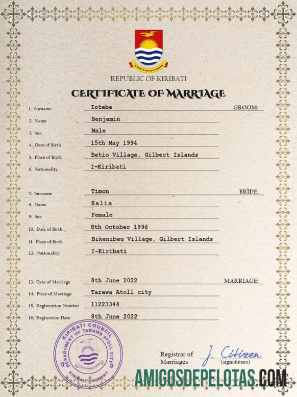 Em branco modelo PSD de certidão de casamento de Kiribati